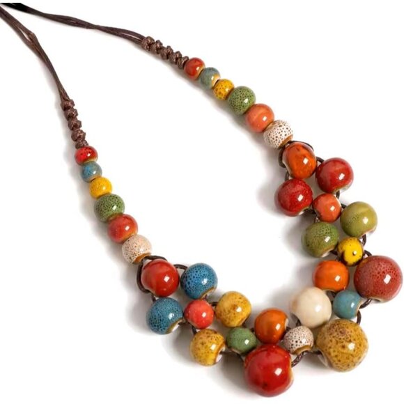 Boho Hippie Ceramic Beaded Necklace for Women Statement Chunky Bohemian Fall Col - Picture 5 of 7